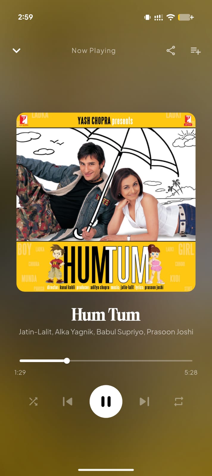 the package in the wild. yellow pulled straight from the hum tum cover. this is adaptive_palette running inside the music app.
