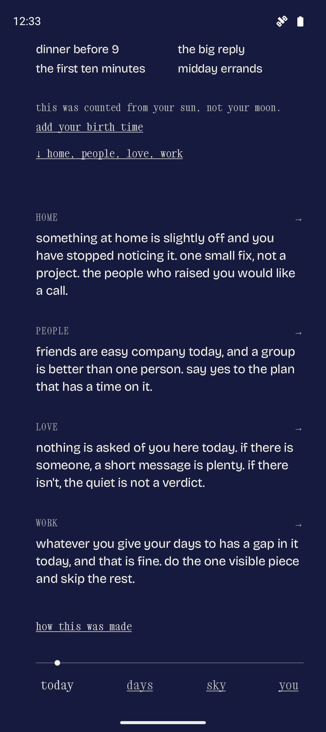 one scroll down. the day by home, people, love and work.
