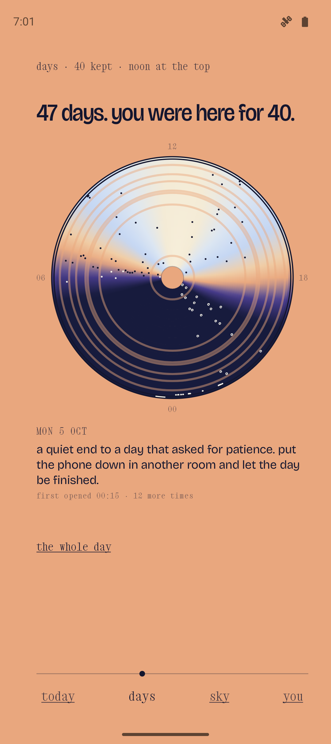 days. a ring for each day, a dot for each time you looked. the ground is golden hour.