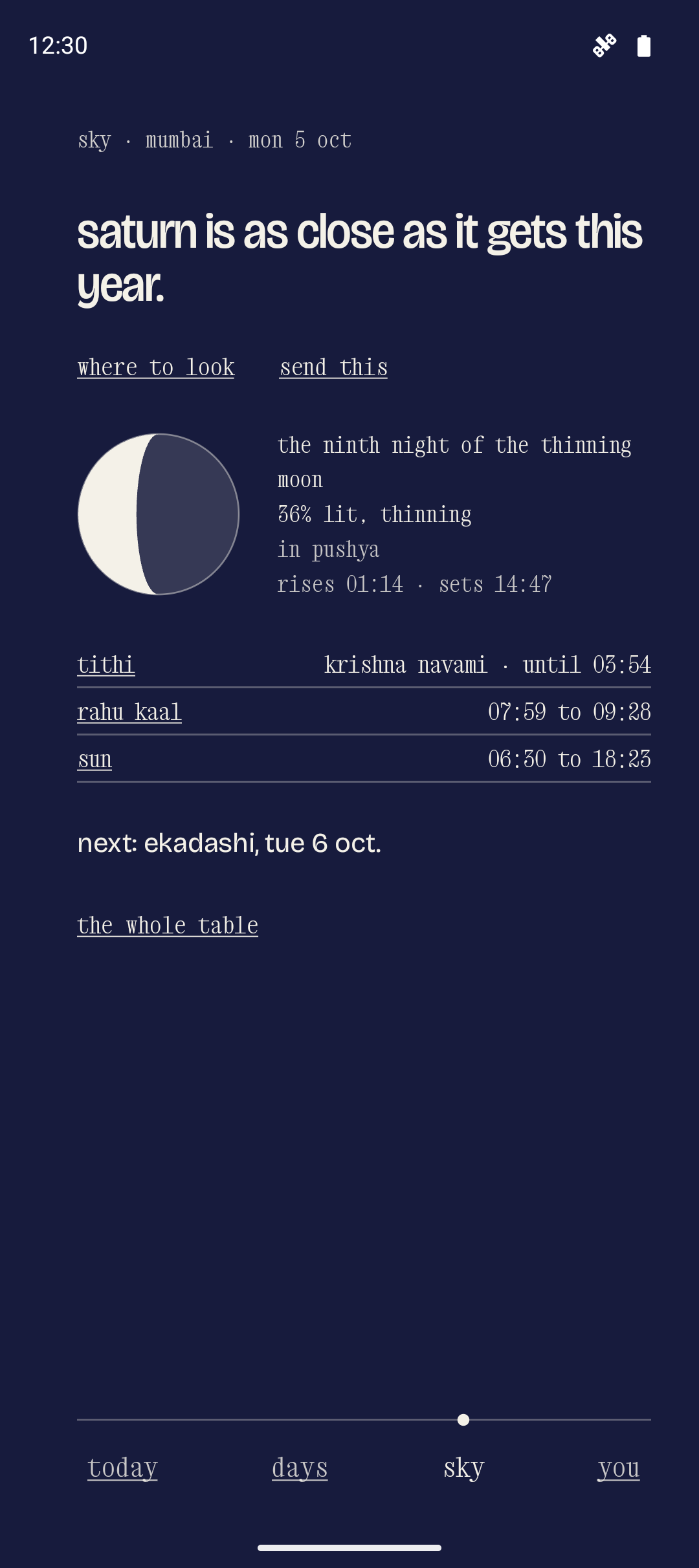 sky, on the night saturn was at its closest. the moon and the day's table under it.