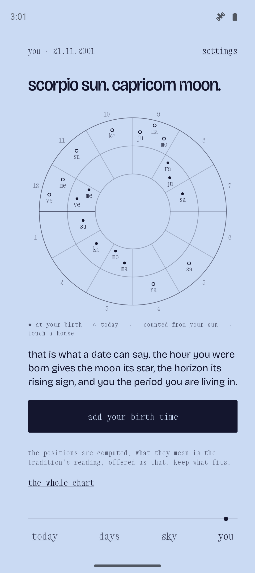 you. twelve houses, the planets at birth and today. the ground is midday.